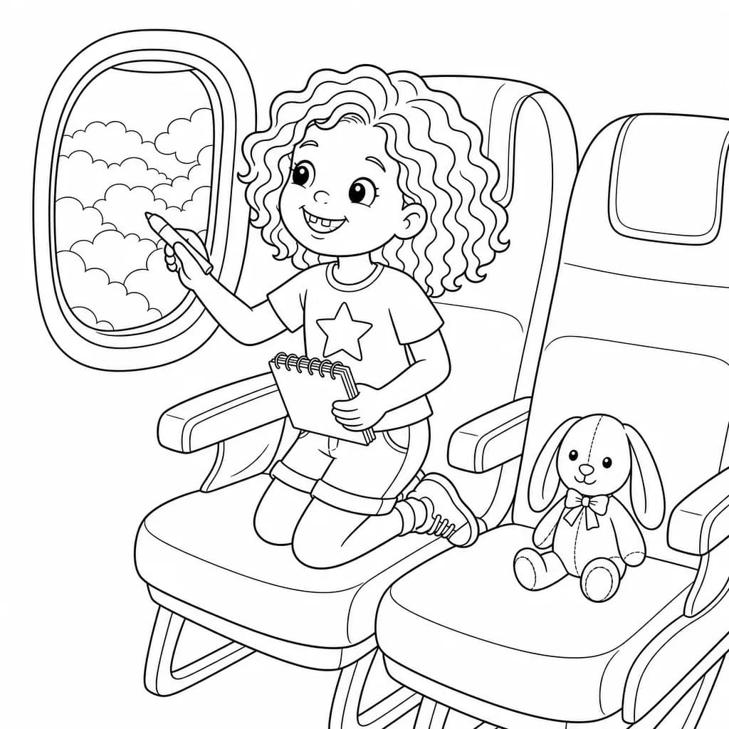 A coloring page from Mira's personalized travel coloring book: High above the clouds, Mira looks out the window and draws what she sees.
