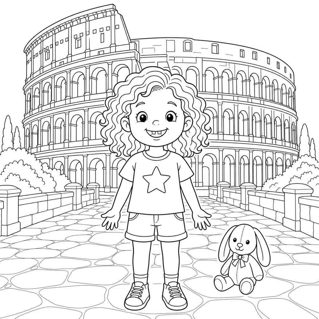 A page from Mira's personalized travel coloring book: Mira standing in front of the Colosseum