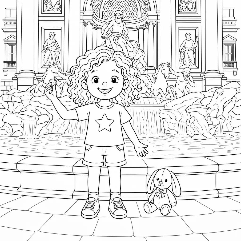 A coloring page from Mira's personalized travel coloring book: Mira closes her eyes, makes a wish, and tosses her coin into the sparkling Trevi Fountain!