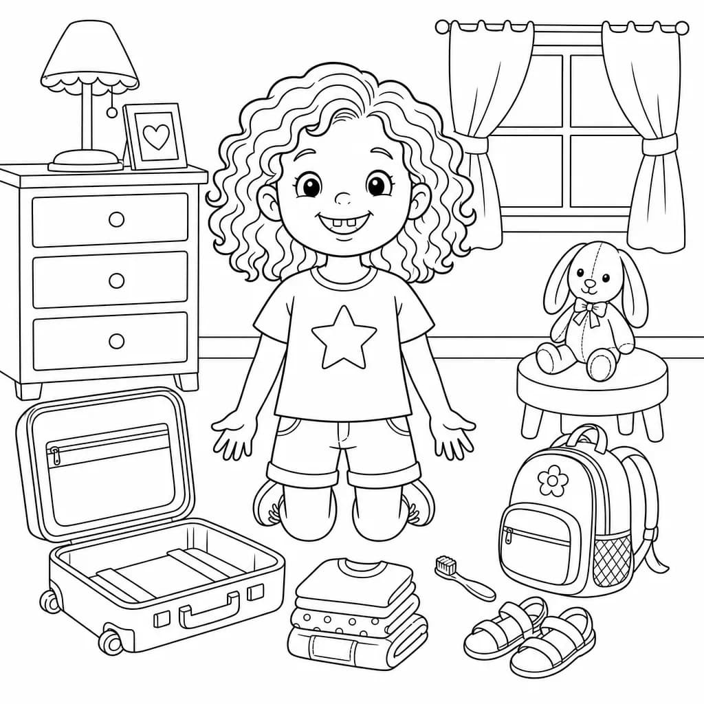 A coloring page from Mira's personalized travel coloring book: Mira lays out everything she needs for her big adventure — it's almost time to go!