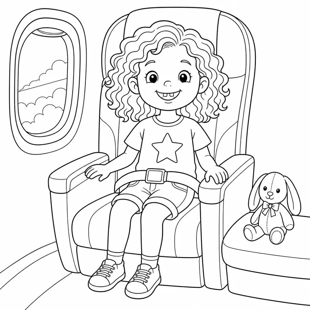 A coloring page from Mira's personalized travel coloring book: The big whoosh at takeoff is just the plane stretching its wings — Mira holds on tight and feels brave.